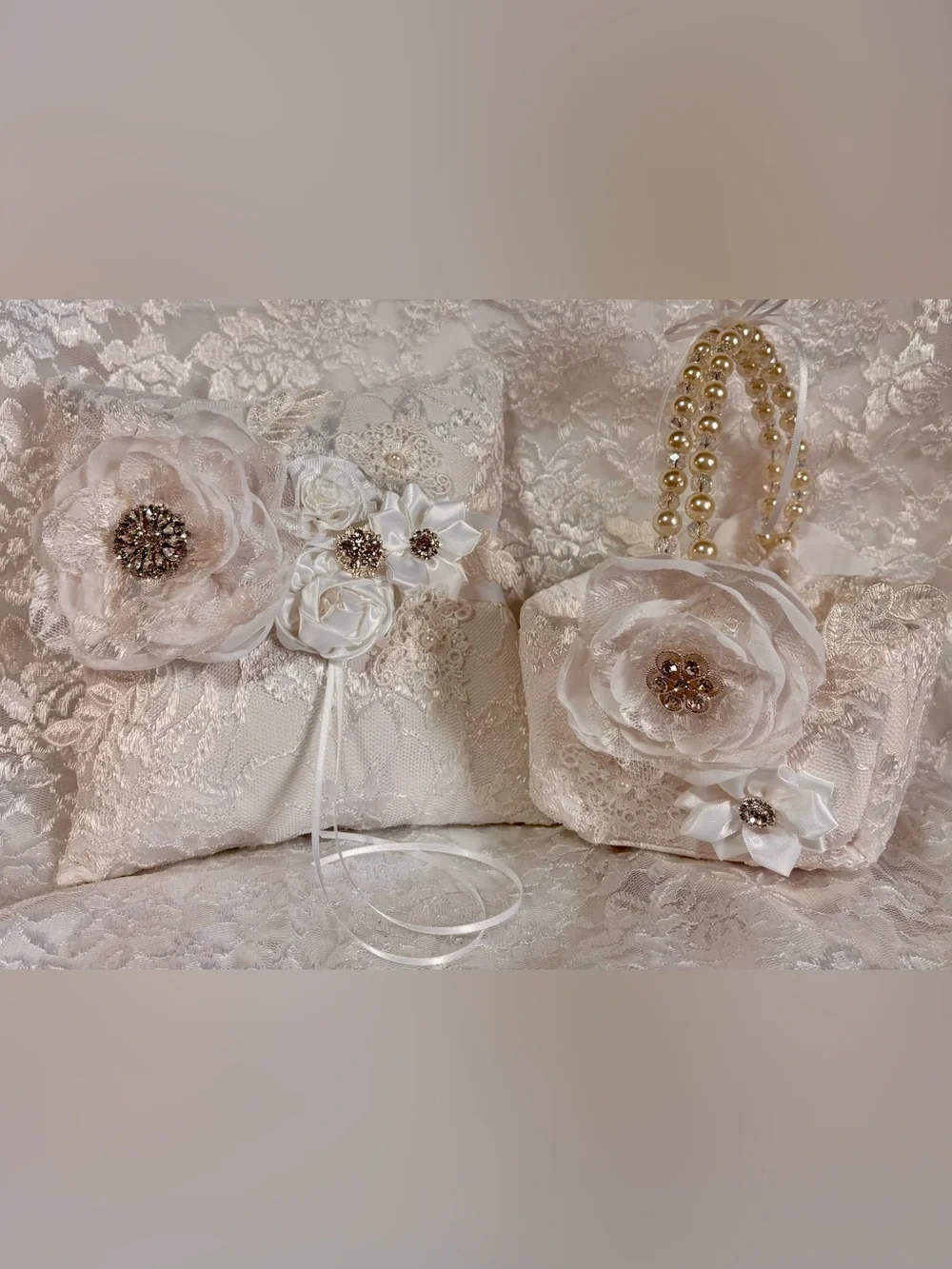 🤍 Handmade Solid White Lace Ring Pillow and Flower Basket Set
